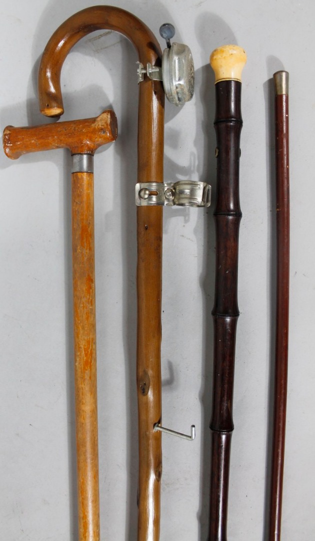 Appraisal: Various walking sticks comprising a thC bamboo style example with