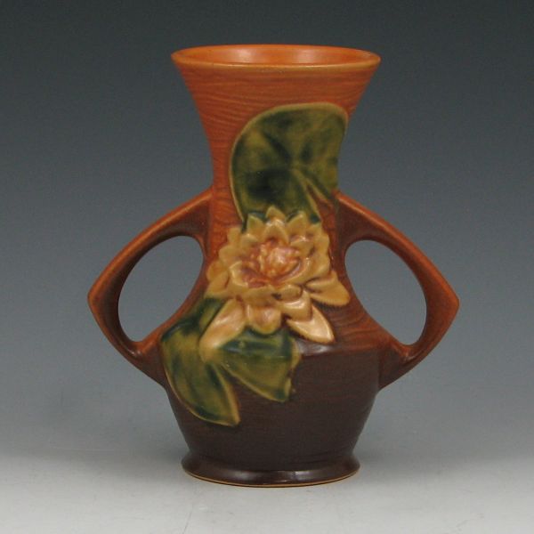 Appraisal: Roseville brown Water Lily handled vase Marked Roseville USA -