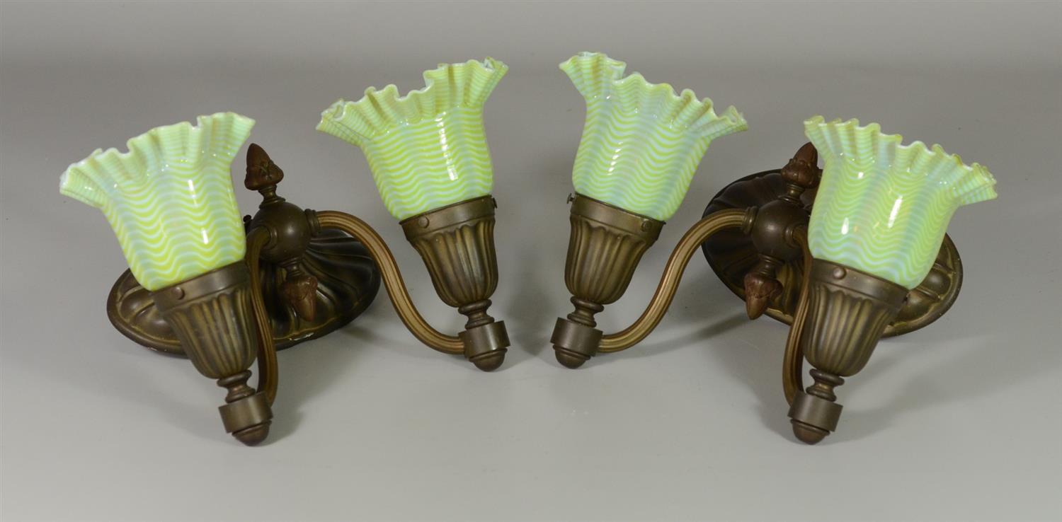 Appraisal: Pair of Brass Sconces with Opalescent Fluted Shades width w