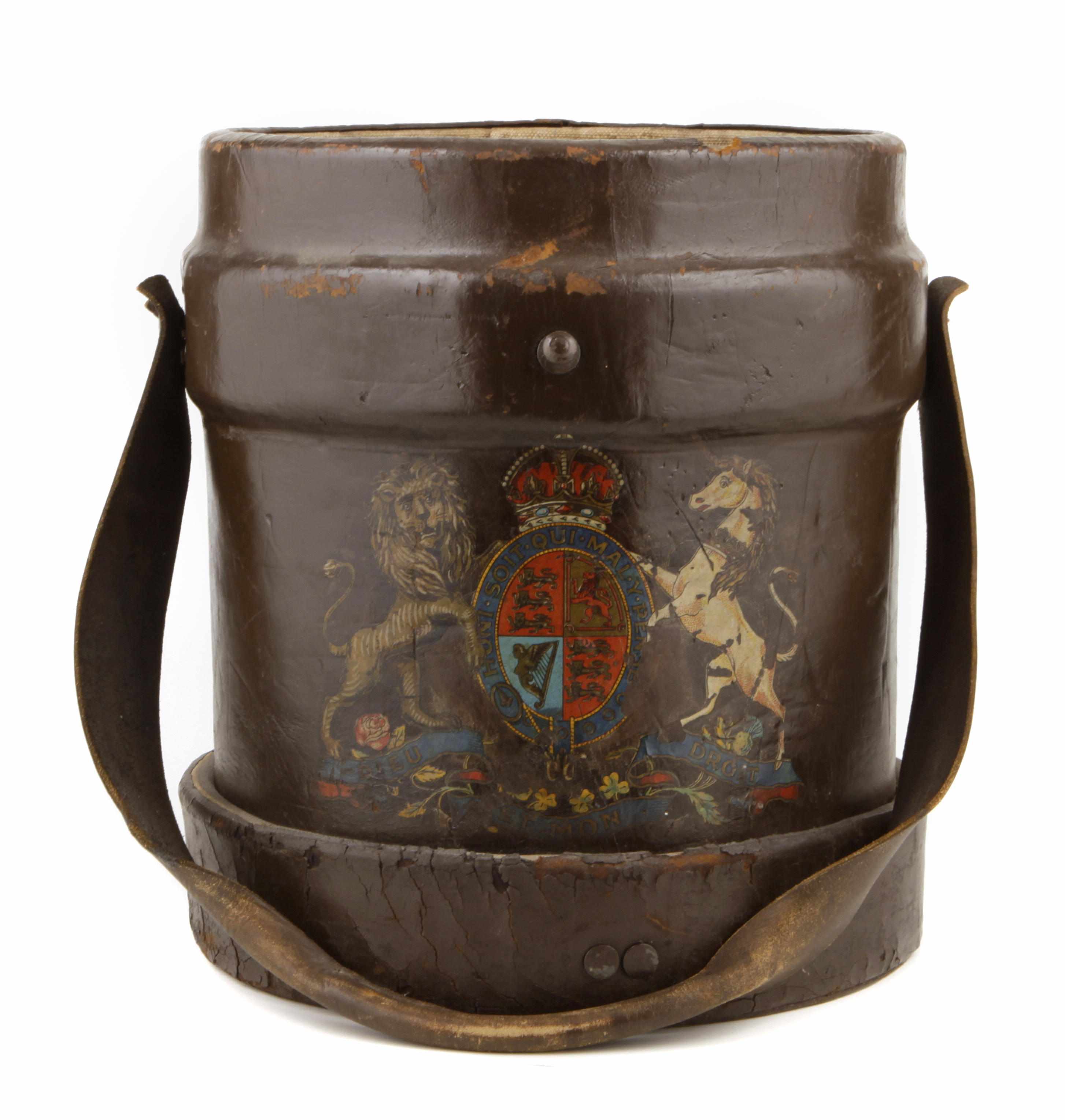 Appraisal: A Victorian leather fire bucket Decorated with the Royal Coat