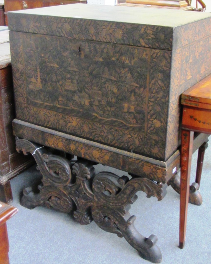 Appraisal: A th century Indian black Japanned gilt decorated rectangular trunk