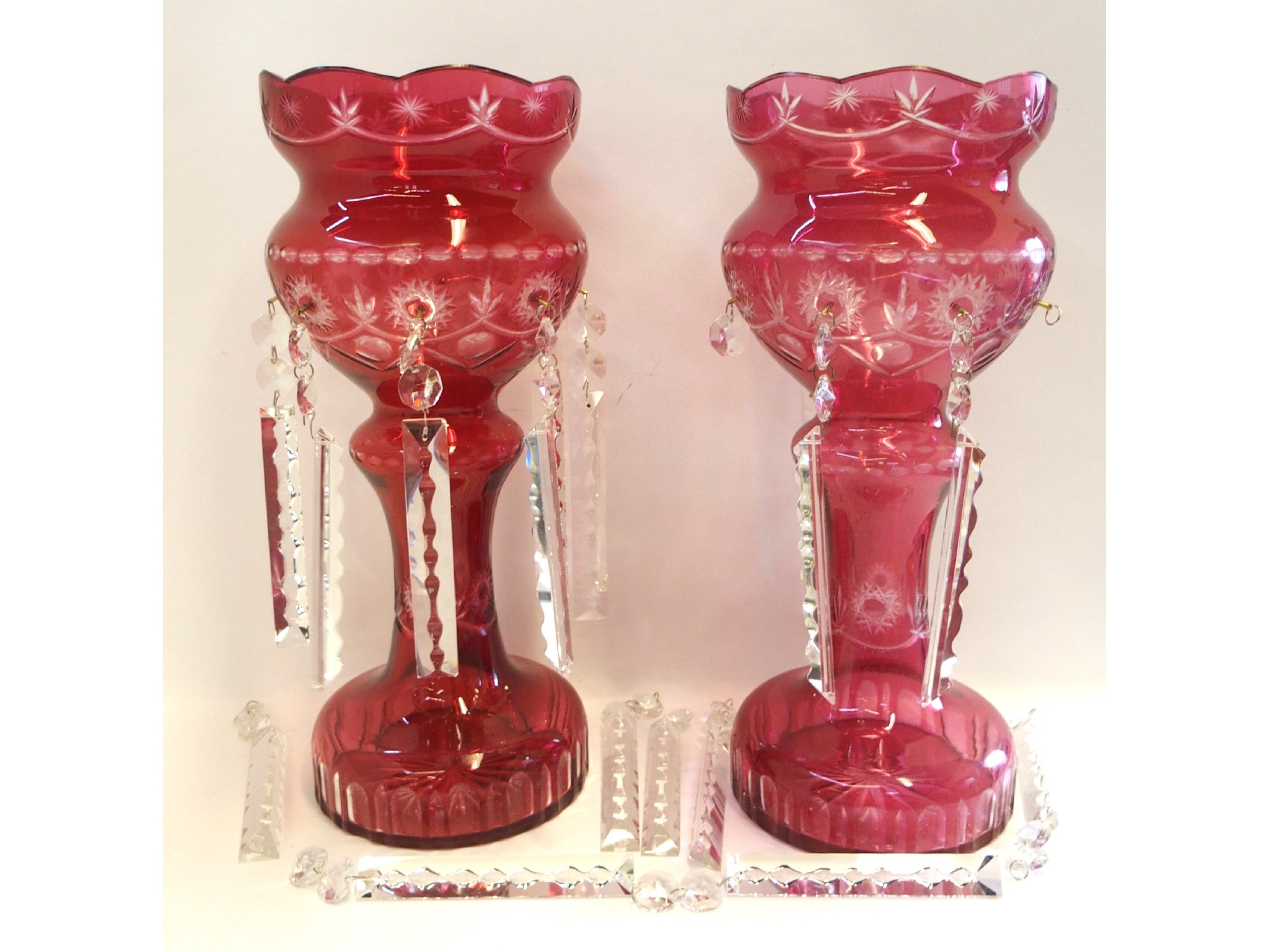 Appraisal: Pair of ruby flashed and cut glass lustres