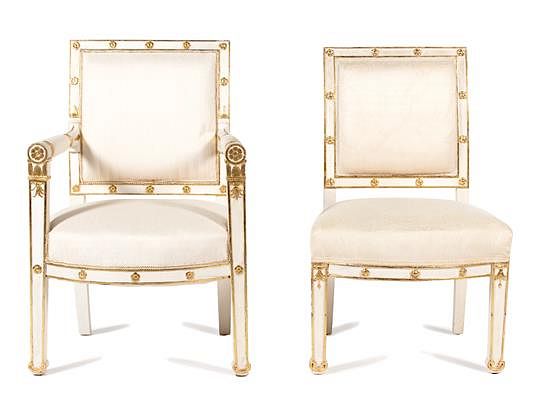 Appraisal: A Set of Four Empire Style Painted and Giltwood Chairs