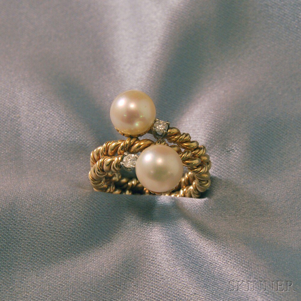 Appraisal: kt Gold Cultured Pearl and Diamond Bypass-style Ring with spiraling