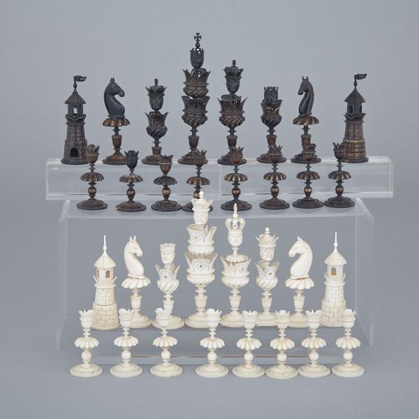 Appraisal: German Turned and Carved Ivory Selenus Pattern Chess Set early