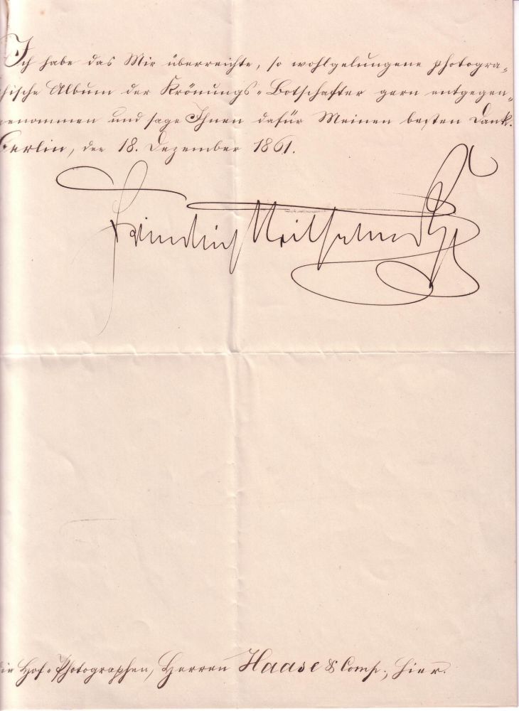 Appraisal: FRIEDRICH III EMPEROR OF GERMANY Letter Signed Friedrich Wilhelm III