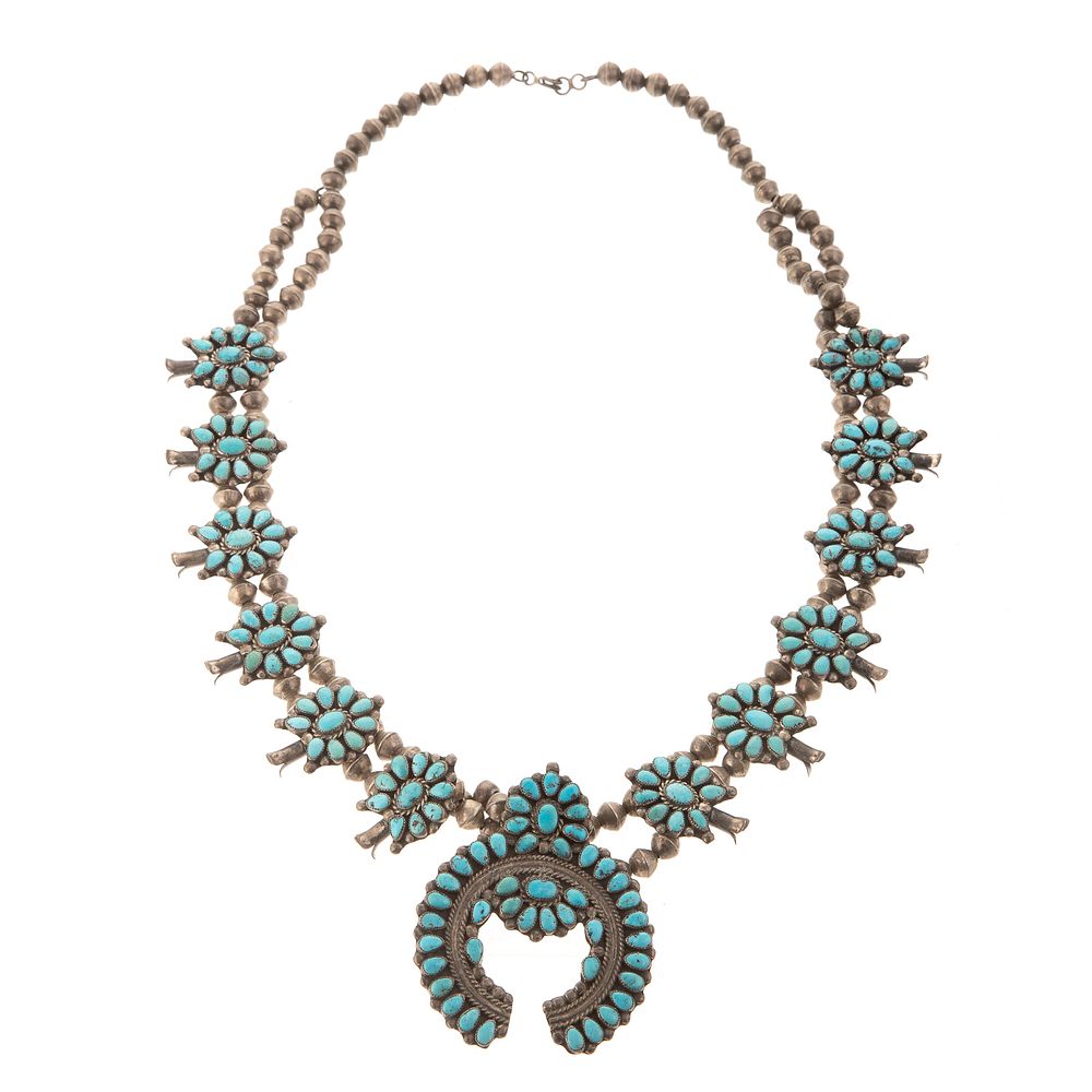 Appraisal: A Sterling Zuni Turquoise Squash Blossom Necklace sterling Zuni squash