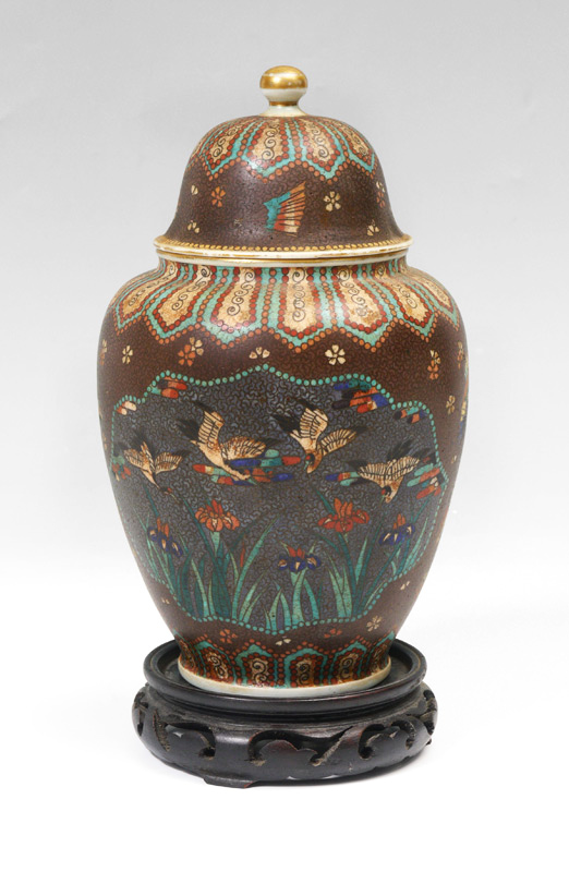 Appraisal: JAPANESE PORCELAIN CLOISONNE GINGER JAR Geometric motifs with cranes in