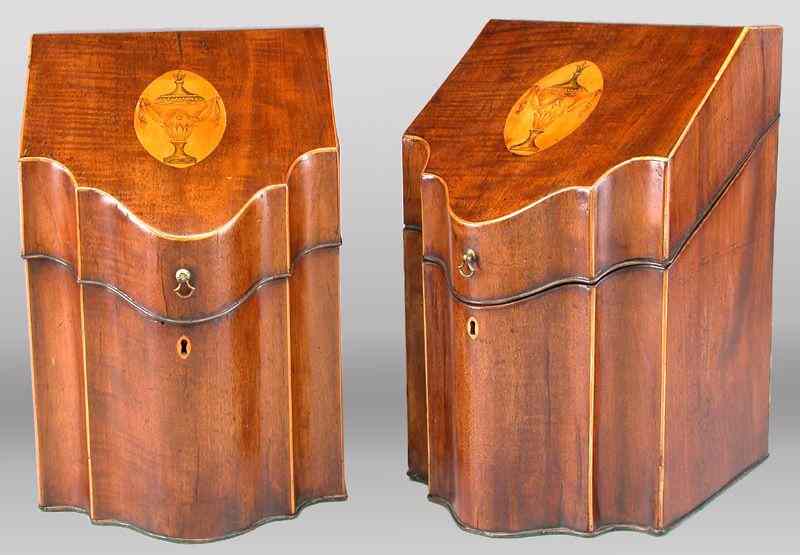 Appraisal: Pr Georgian mahogany inlaid knife boxes the slant lids with