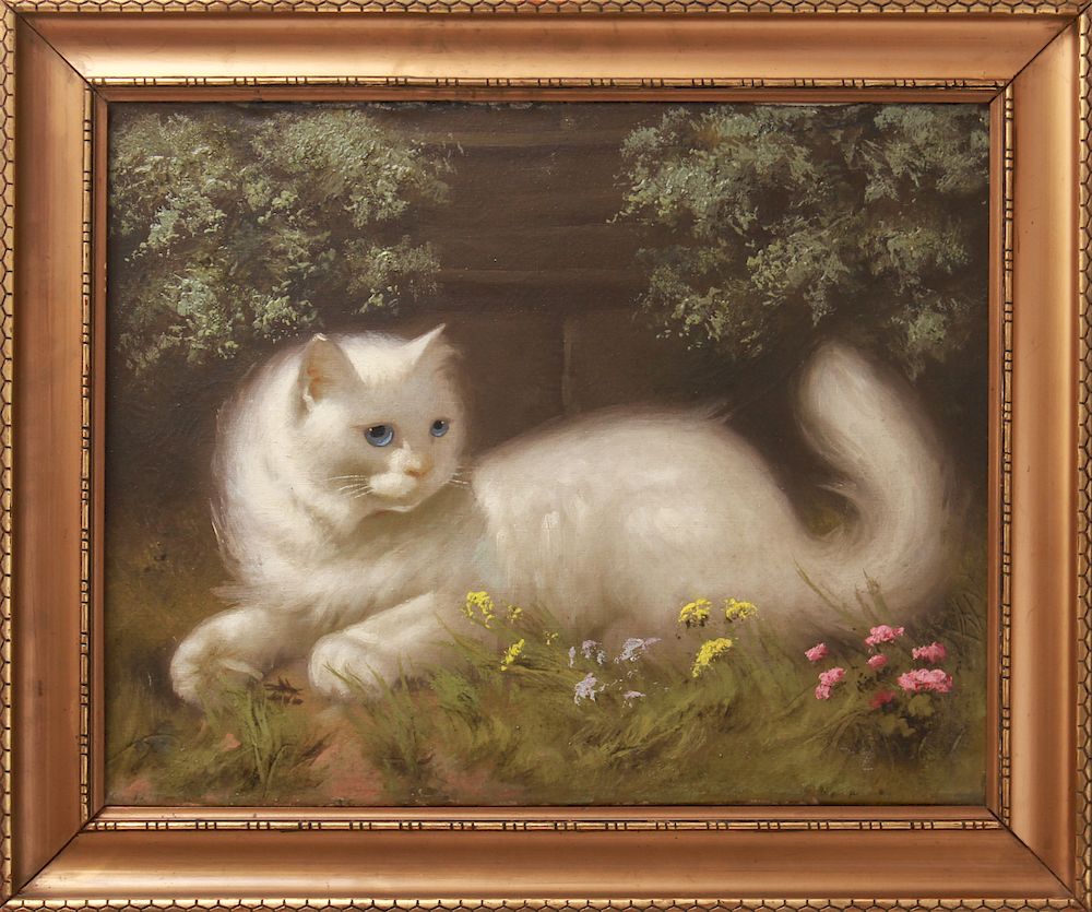 Appraisal: Portrait of a White Cat Oil on Canvas Oil on