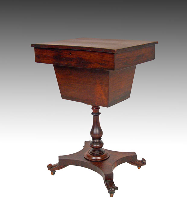 Appraisal: MID 'S ROSEWOOD SEWING STAND Hinged top over a compartmented