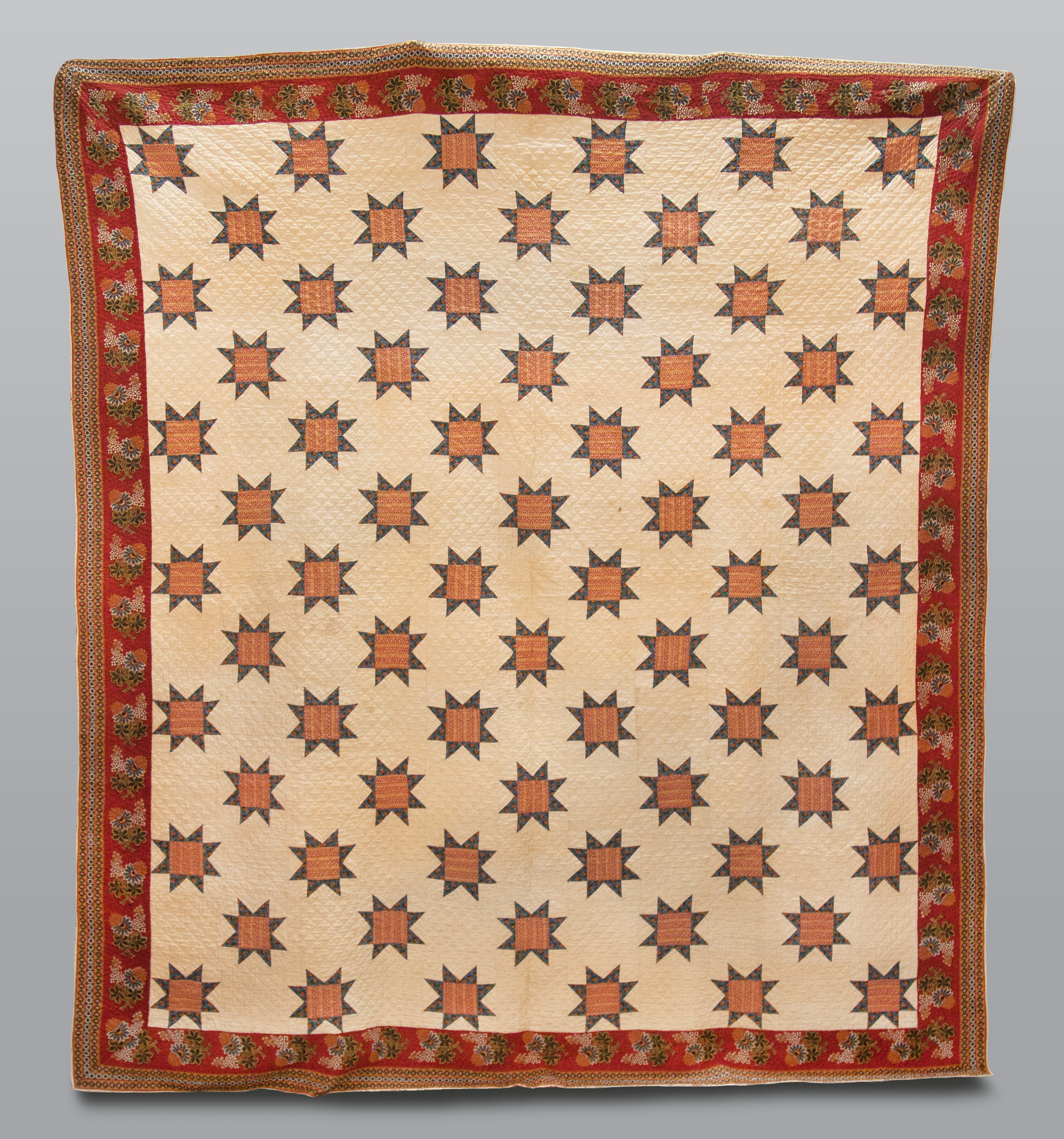 Appraisal: Quilt with Blue Red Stars Red Border Early th cent