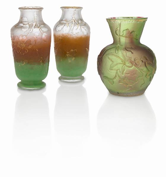 Appraisal: Three Daum Nancy gilt decorated cameo glass cabinet vases circa