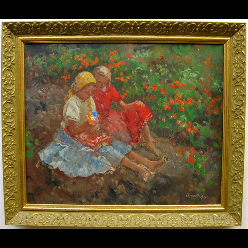 Appraisal: J CREWER TH C HUNGARIAN YOUNG FLOWER PICKERS OIL ON