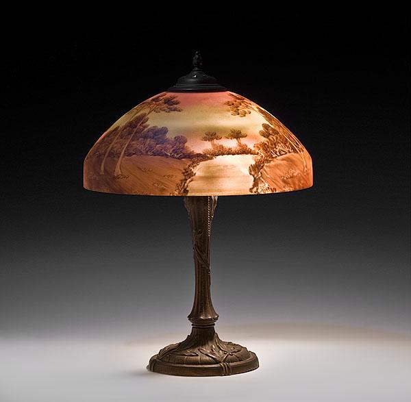 Appraisal: ATTRIBUTED PITTSBURGH REVERSE-PAINTED LANDSCAPE LAMP American ca - domical shade