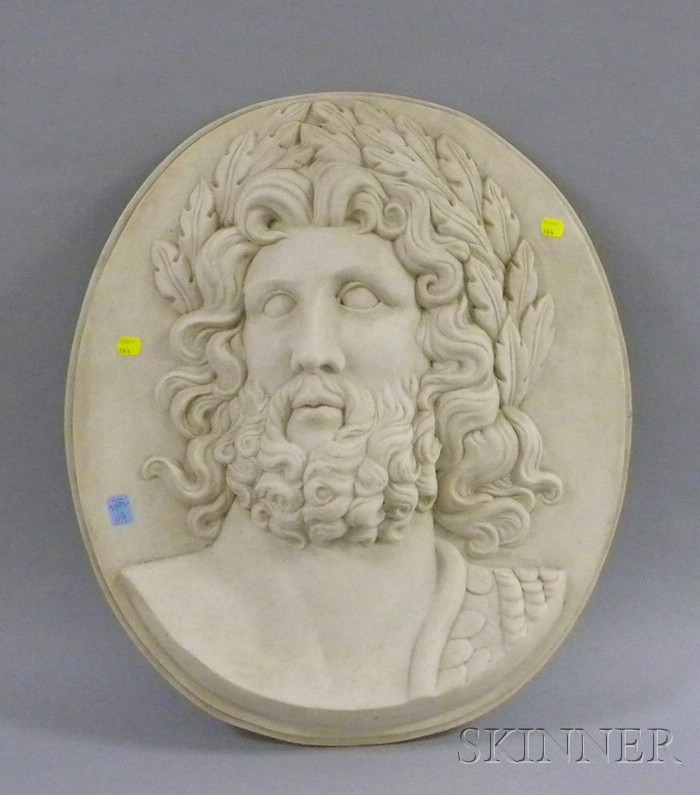 Appraisal: Classical Oval Molded Marble Composition Portrait Plaque Depicting Zeus lg