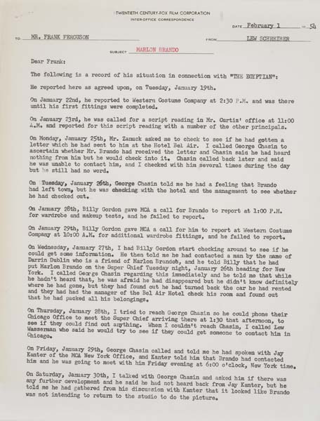 Appraisal: MARLON BRANDO Group of internal memos and telegrams relating to