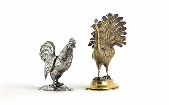 Appraisal: German silver peacock and silverplate gamecock pepper pots early th