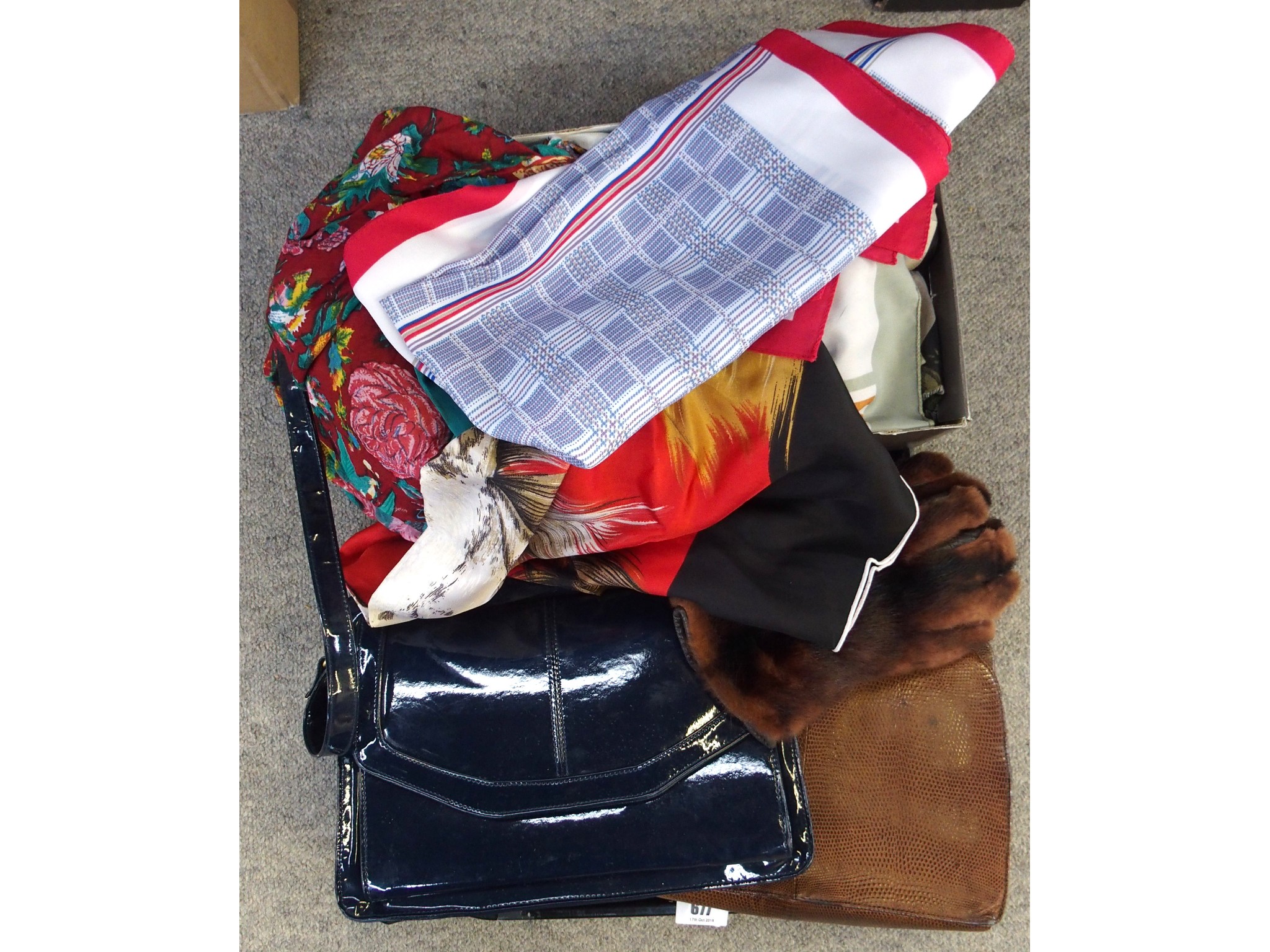 Appraisal: Tray comprising ladies scarves fur gloves handbags etc