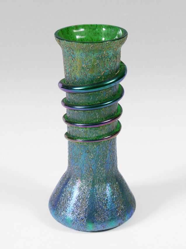 Appraisal: BOHEMIAN IRIDESCENT OVERSHOT GLASS SNAKE VASE Green to blue art