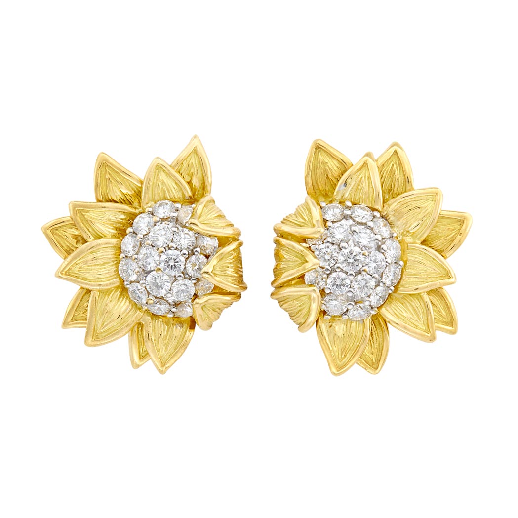 Appraisal: Pair of Gold and Diamond Flower Earrings Valentin Magro kt