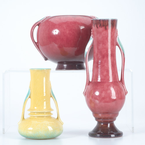 Appraisal: ROSEVILLE Three Orian vases two in deep rose the third