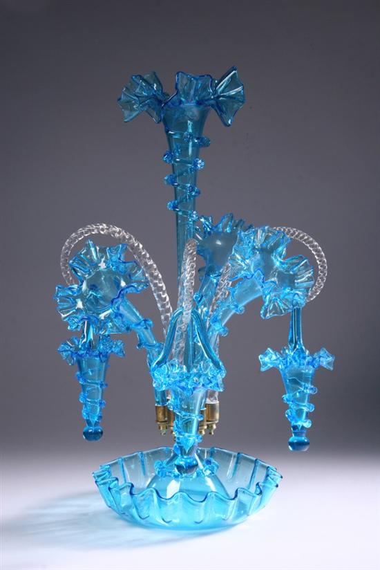 Appraisal: VICTORIAN BLUE AND COLORLESS GLASS EPERGNE late th century Central