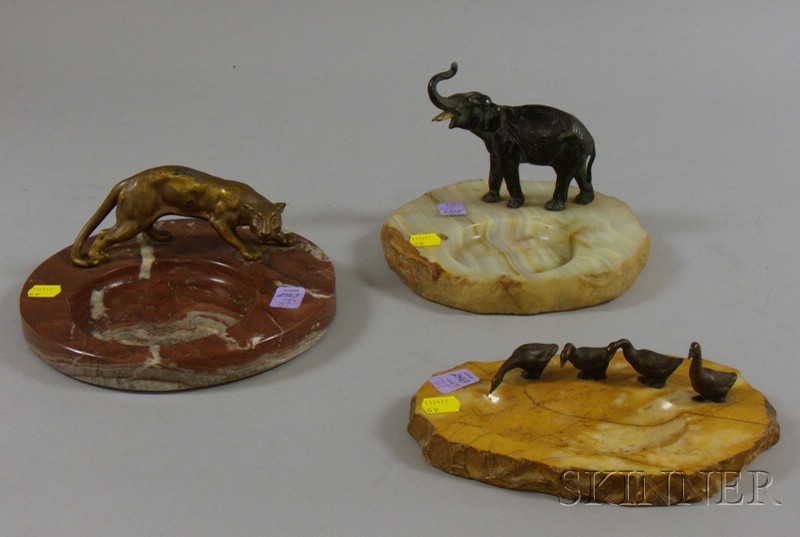 Appraisal: Three Animal Figural and Hardstone Ashtrays a painted cast metal