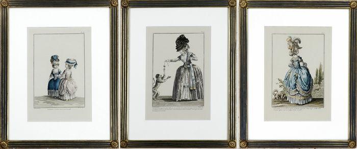 Appraisal: French School Three Fashion Prints Hand-colored engravings matted and framed