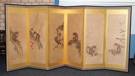 Appraisal: A SIXFOLD SCREEN OF A MONKEY AND ITS CHILD DEVELOPPING