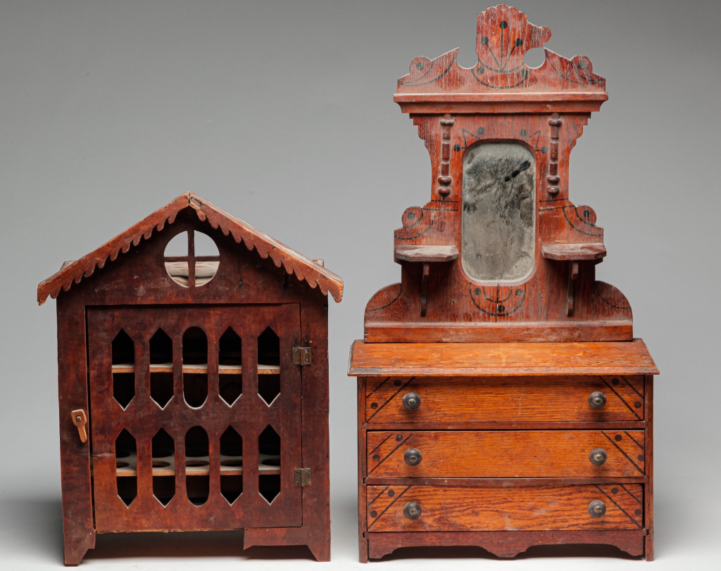 Appraisal: HANGING CABINET AND MINIATURE DRESSER Late th century European building-shaped