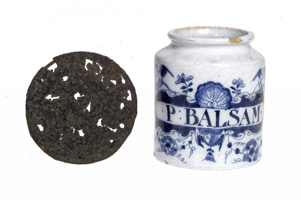 Appraisal: AN ENGLISH DELFTWARE DRUG JAR LONDON of cylindrical shape and