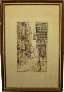 Appraisal: Malcolm Thompson Colored Etching of Street Scene Malcolm Thompson Colored