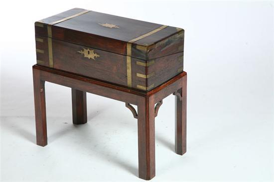 Appraisal: WRITING BOX ON STAND England th century mahogany Brass bound