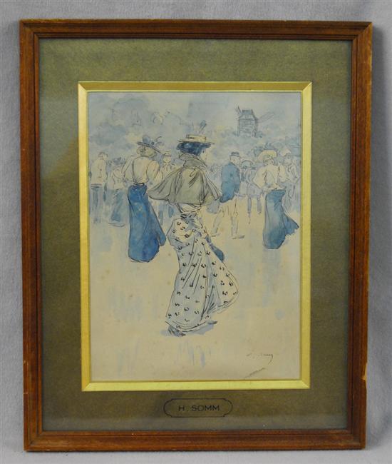 Appraisal: HENRY SOMM French - FASHION ON PROMENADE ink and wash