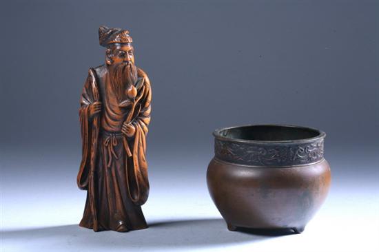 Appraisal: JAPANESE BRONZE KORO Meiji period Together with wood figure of