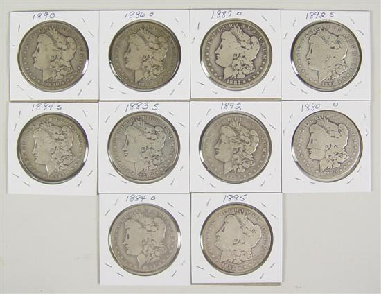 Appraisal: Ten Morgan Dollars In grades ranging G-VF with a few