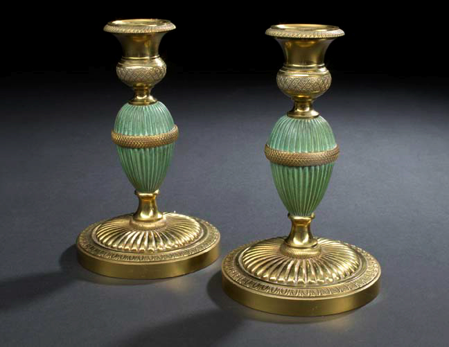 Appraisal: Weighty Pair of Swedish Chased and Parcel-Verdigris-Patinated Brass Candlesticks in