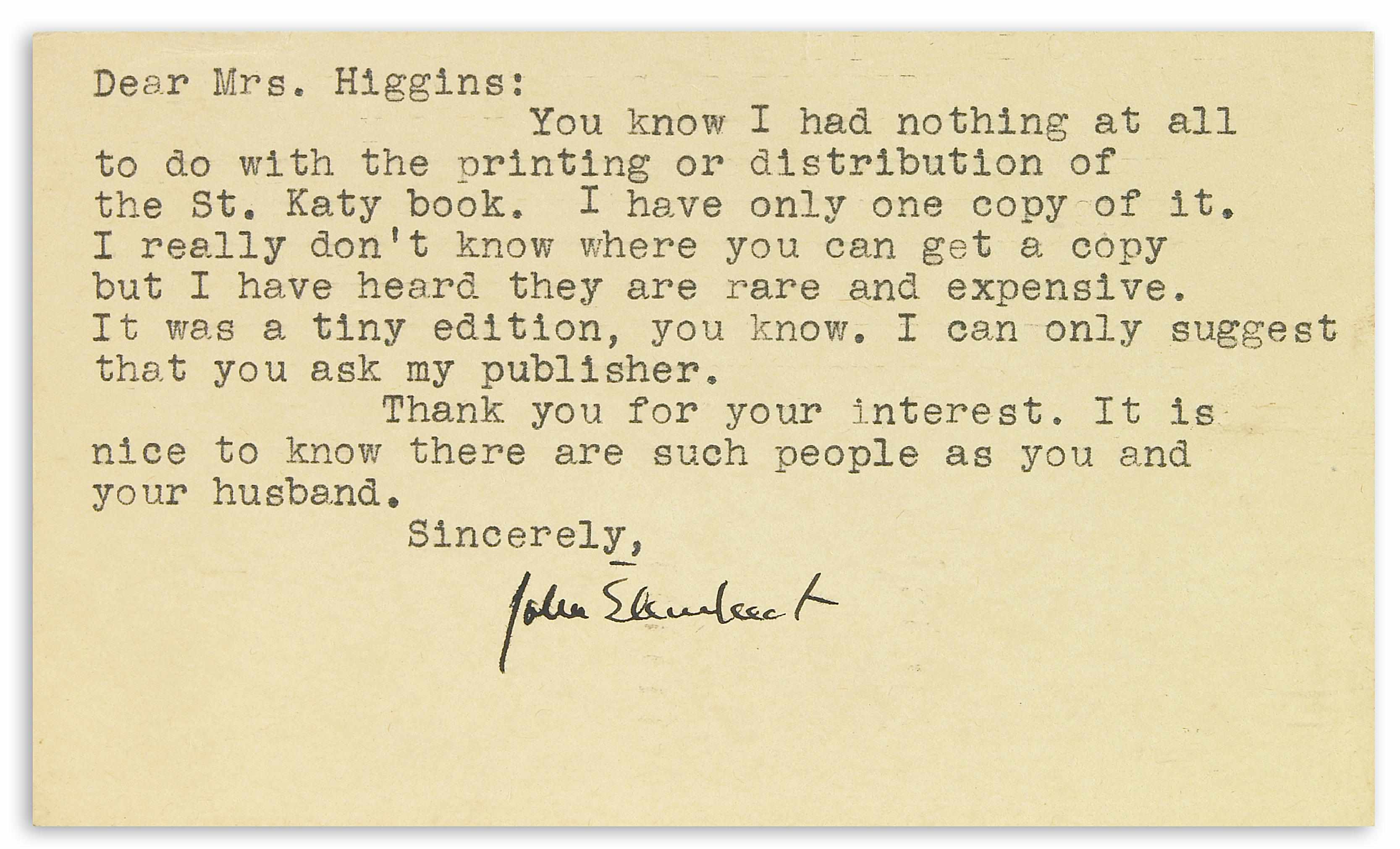 Appraisal: STEINBECK JOHN - Typed Postcard Signed ''John Steinbeck'' by inches