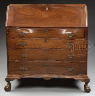 Appraisal: MASSACHUSETTS CHIPPENDALE OXBOW MAHOGANY SLANT LID DESK MASSACHUSETTS CHIPPENDALE OXBOW