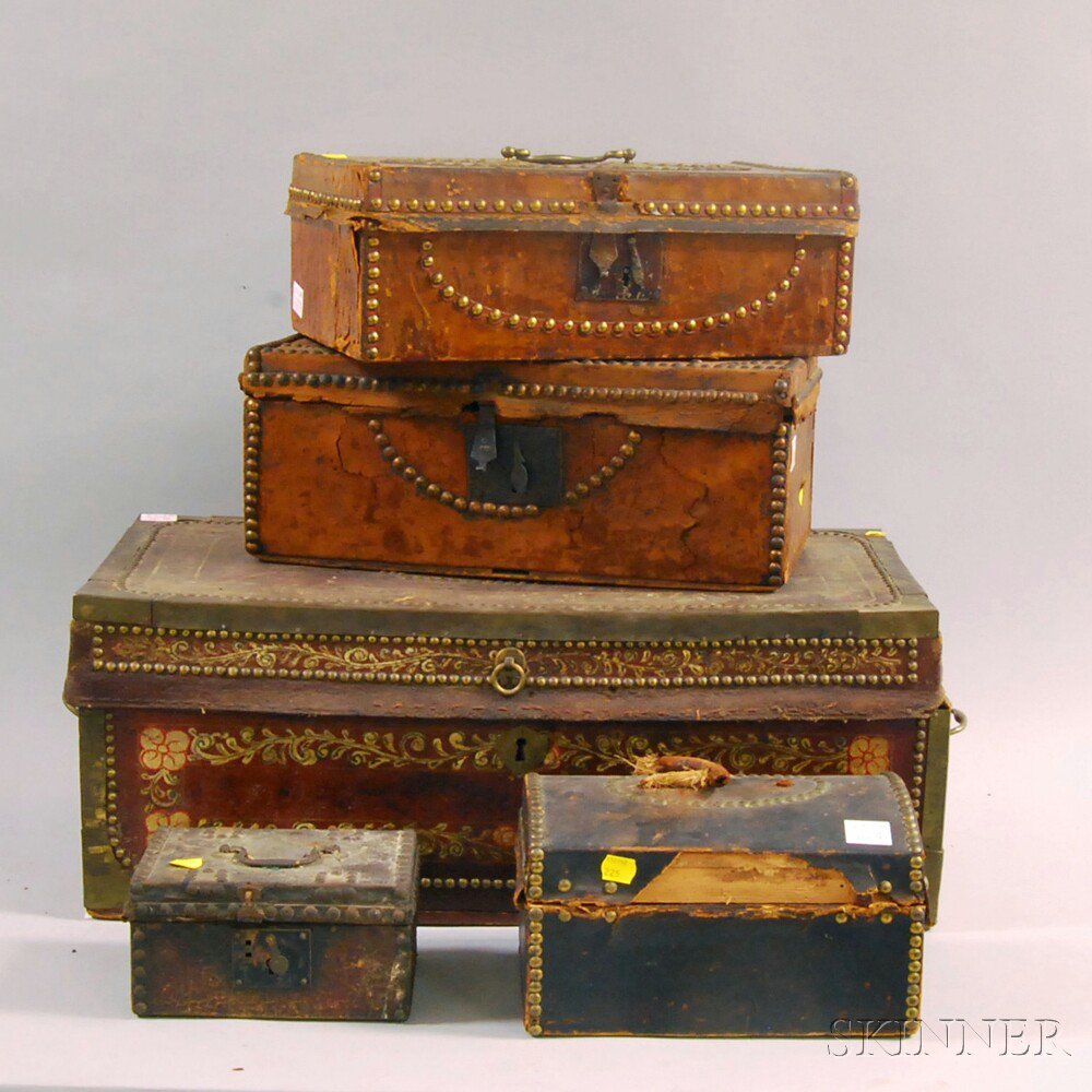 Appraisal: Five Leather-bound Boxes th century four flat-top boxes and one