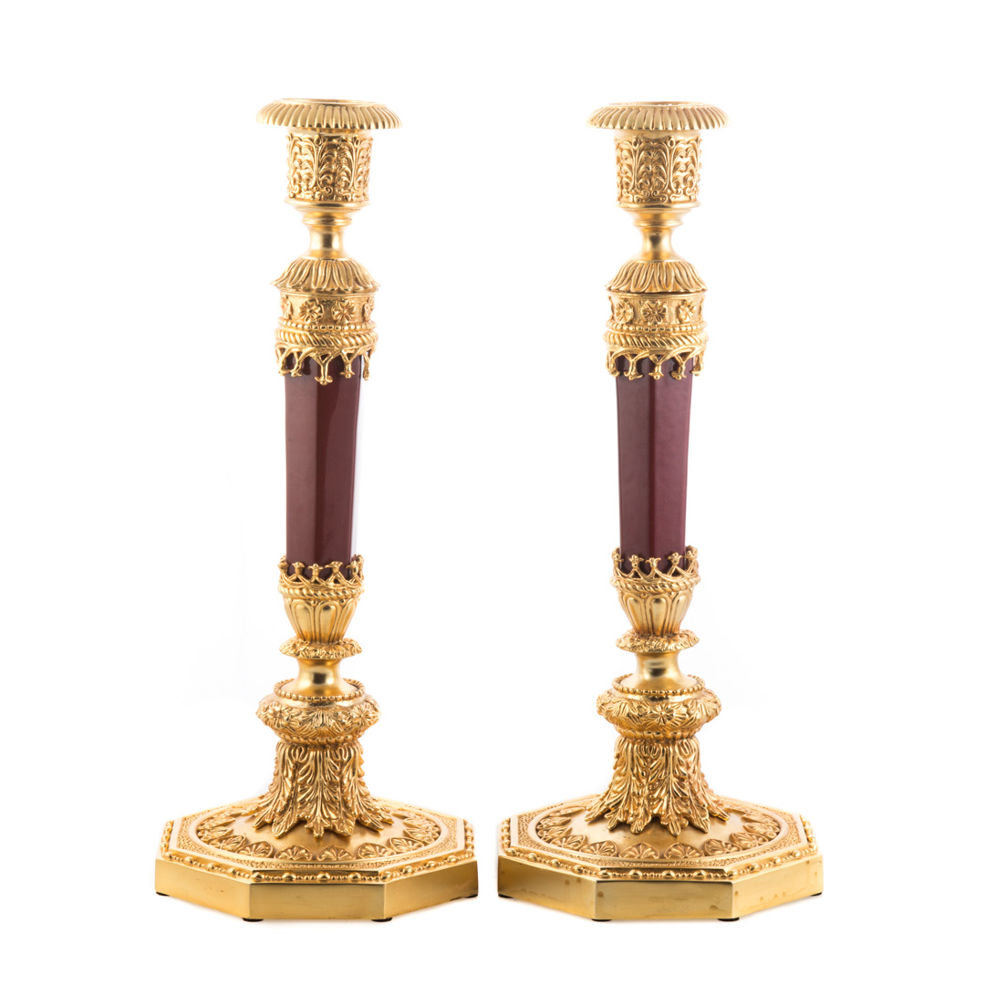 Appraisal: Pair Louis XVI style gilt bronze candlesticks elaborate gilt bronze