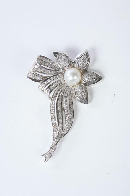 Appraisal: LADY'S DIAMOND AND PEARL BROOCH KT white gold brooch with