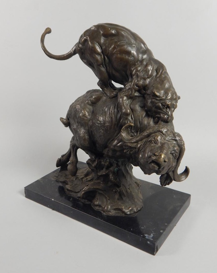 Appraisal: Milo A bronze figure of a lioness attacking a buffalo