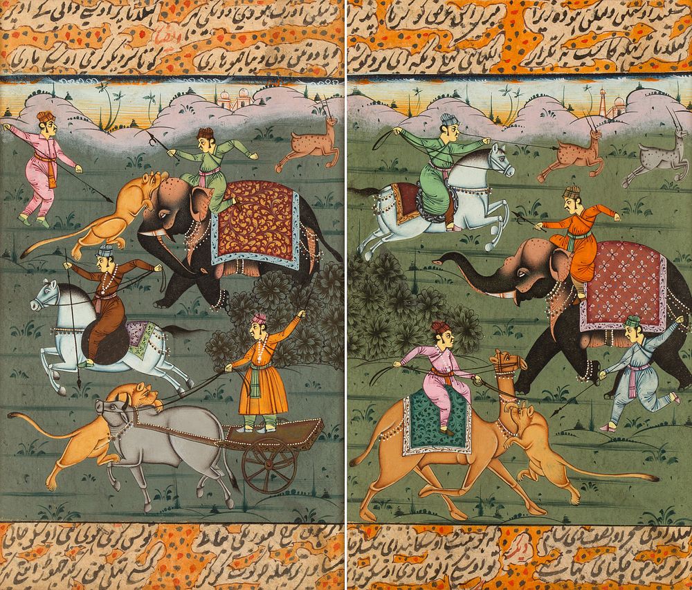 Appraisal: A PAIR OF MUGHAL INDIAN MINIATURES WITH HUNTING SCENES TH