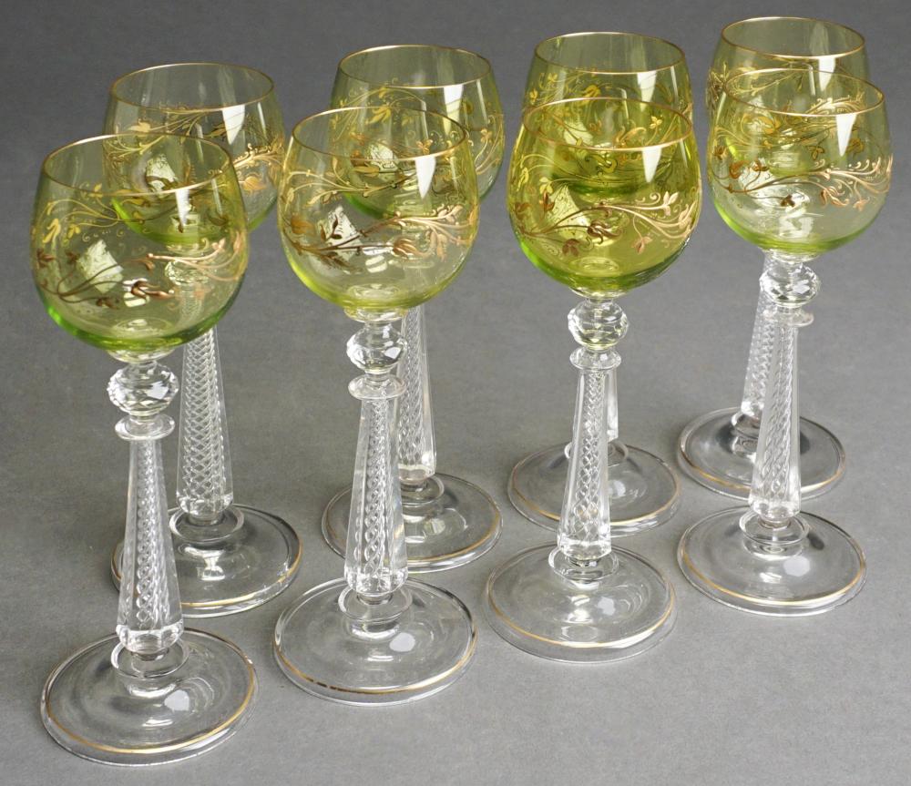 Appraisal: SET OF EIGHT CONTINENTAL GOLD DECORATED CHARTREUSE GLASS WINE HOCKS