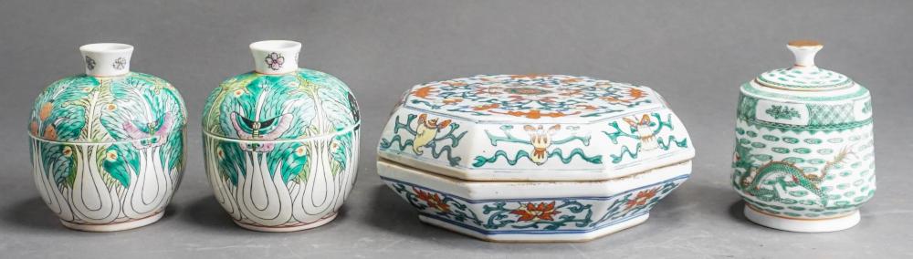 Appraisal: FOUR CHINESE FAMILLE VERTE TABLE ARTICLES OCTAGONAL DISH X X