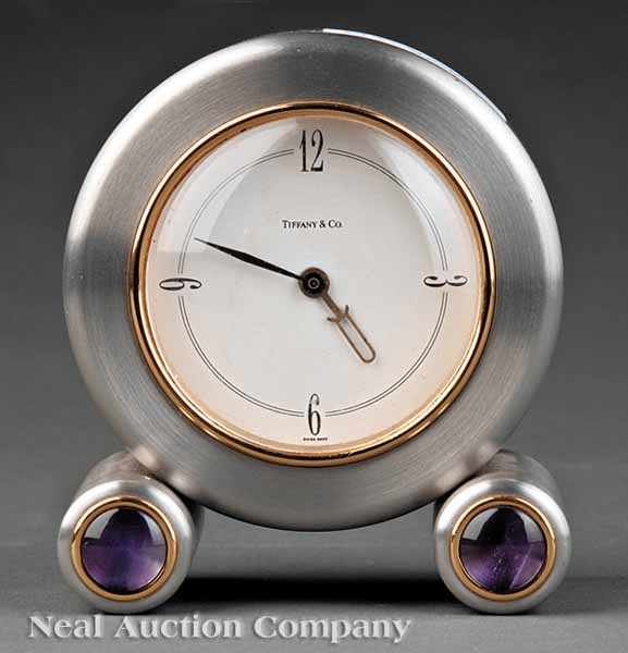 Appraisal: A Tiffany Amethyst Mounted Clock th c brushed steel and