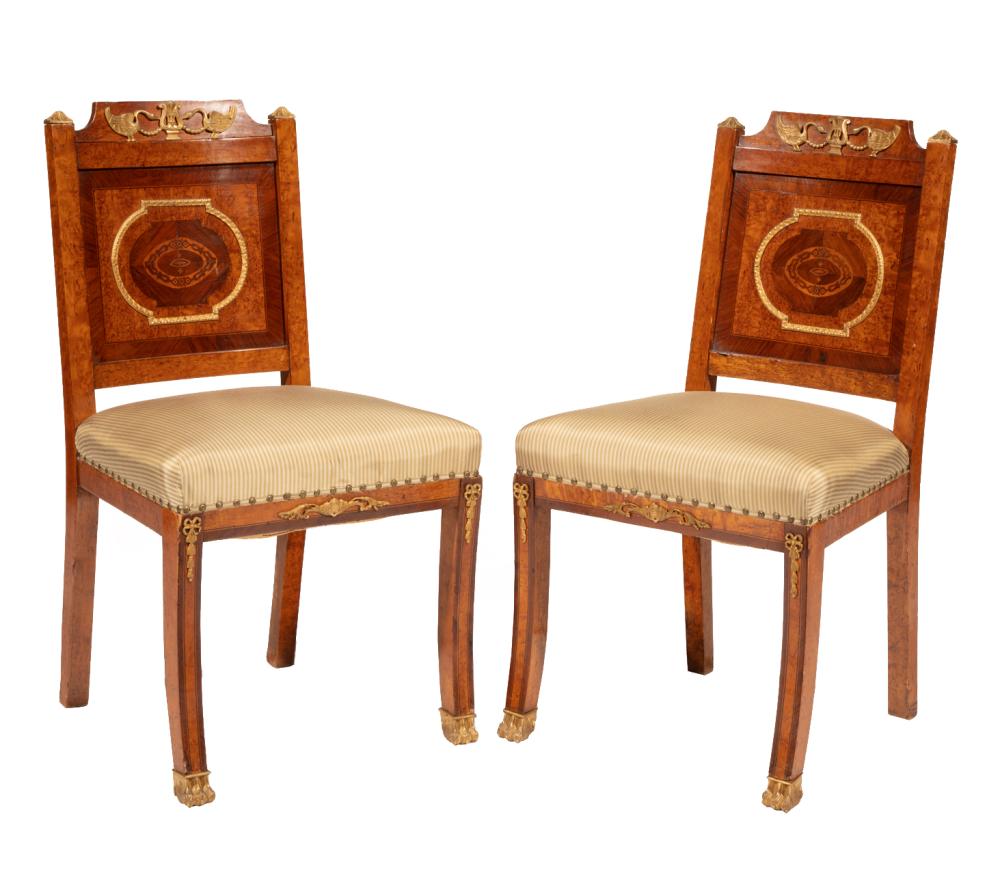 Appraisal: Pair of Antique Empire-Style Bronze-Mounted Burlwood Side Chairs swan and