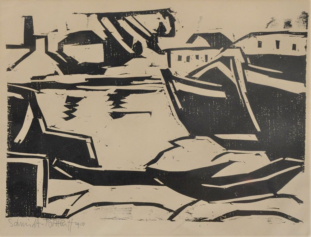 Appraisal: Karl Schmidt-Rottluff - Harbour On The Elbe woodblock print pencil